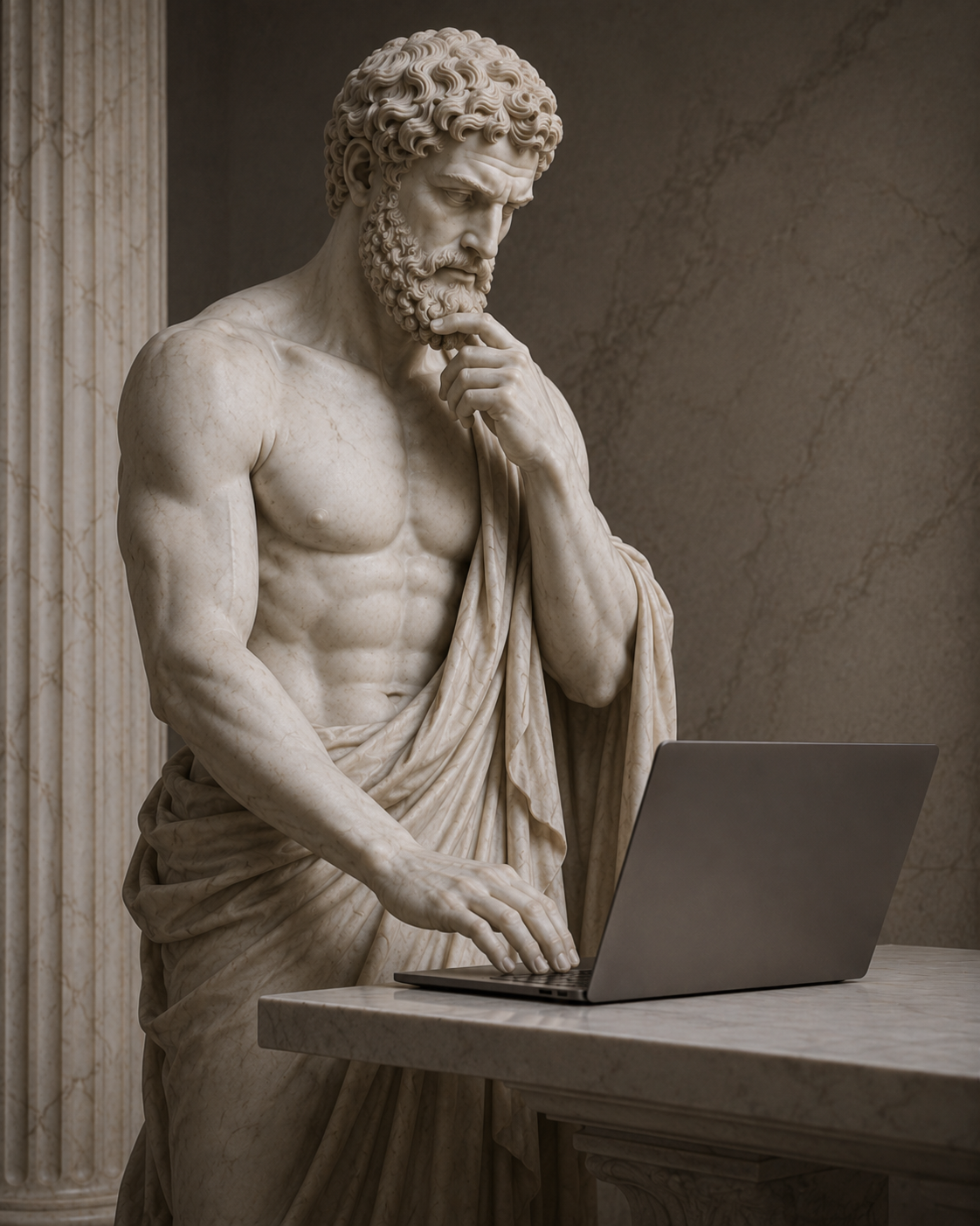 Marble statue working on a laptop